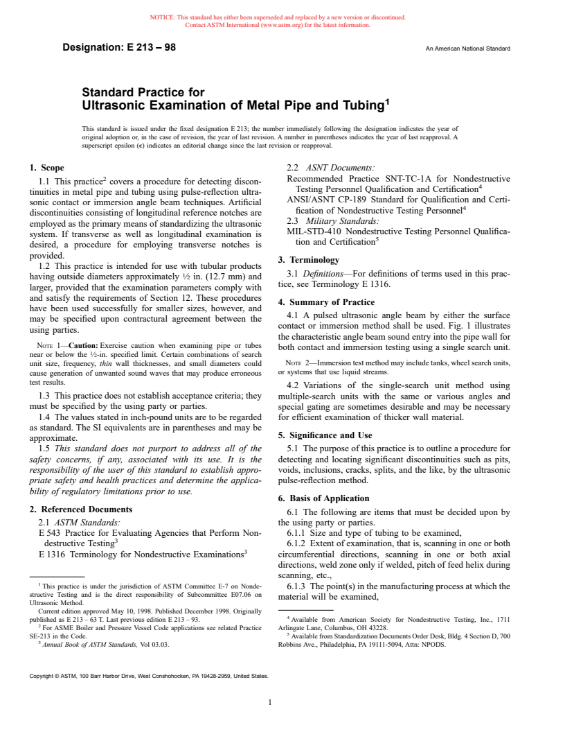 ASTM E213-98 - Standard Practice for Ultrasonic Examination of Metal Pipe and Tubing