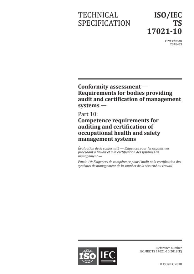 ISO/IEC TS 17021-10:2018 - Conformity assessment -- Requirements for bodies providing audit and certification of management systems
