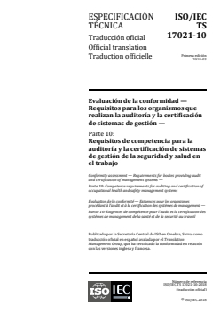 ISO/IEC TS 17021-10:2018 - Conformity assessment — Requirements for bodies providing audit and certification of management systems — Part 10: Competence requirements for auditing and certification of occupational health and safety management systems
Released:9/18/2018 - Page 1 preview