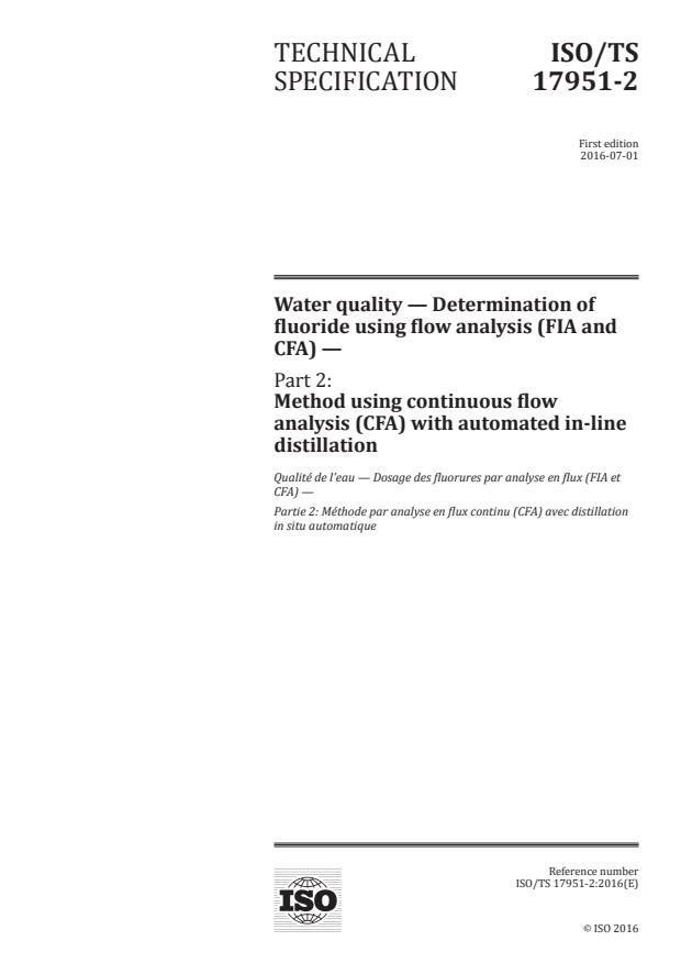 ISO/TS 17951-2:2016 - Water quality -- Determination of fluoride using flow analysis (FIA and CFA)
