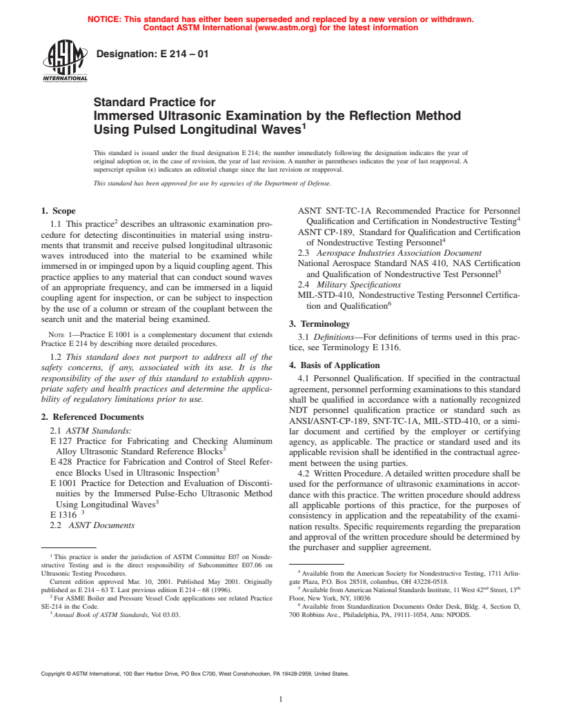 ASTM E214-01 - Standard Practice for Immersed Ultrasonic Examination by the Reflection Method Using Pulsed Longitudinal Waves