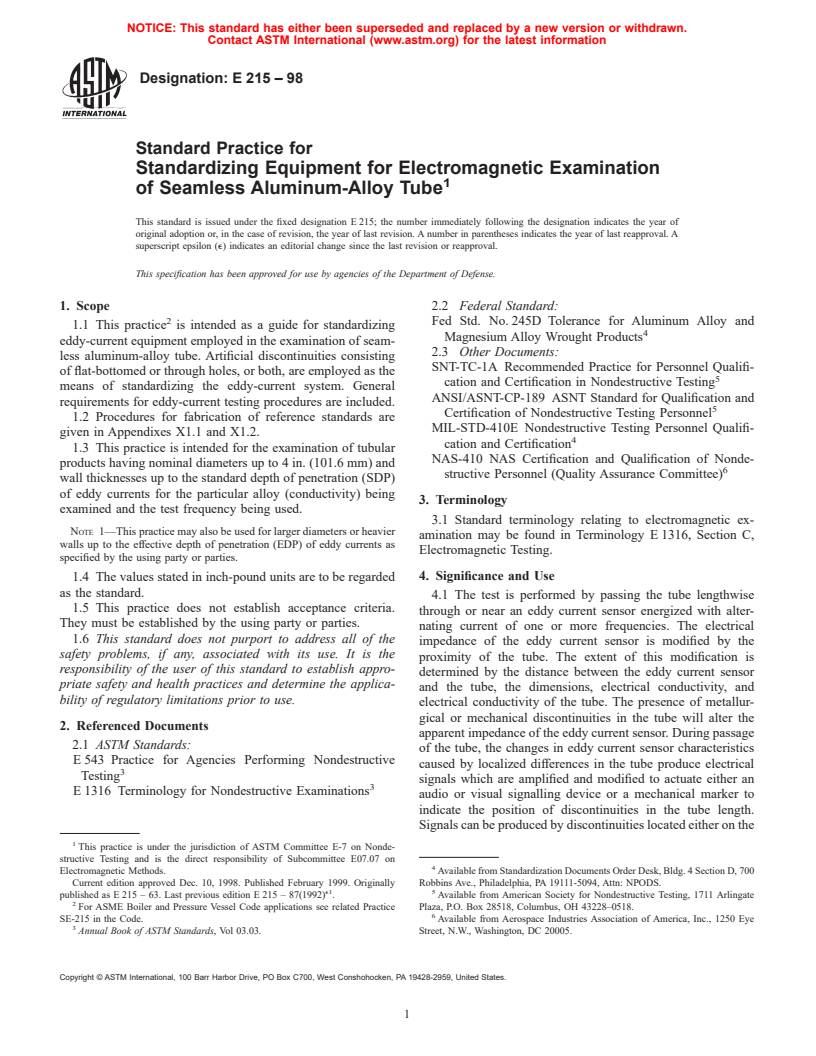 ASTM E215-98 - Standard Practice for Standardizing Equipment for Electromagnetic Examination of Seamless Aluminum-Alloy Tube