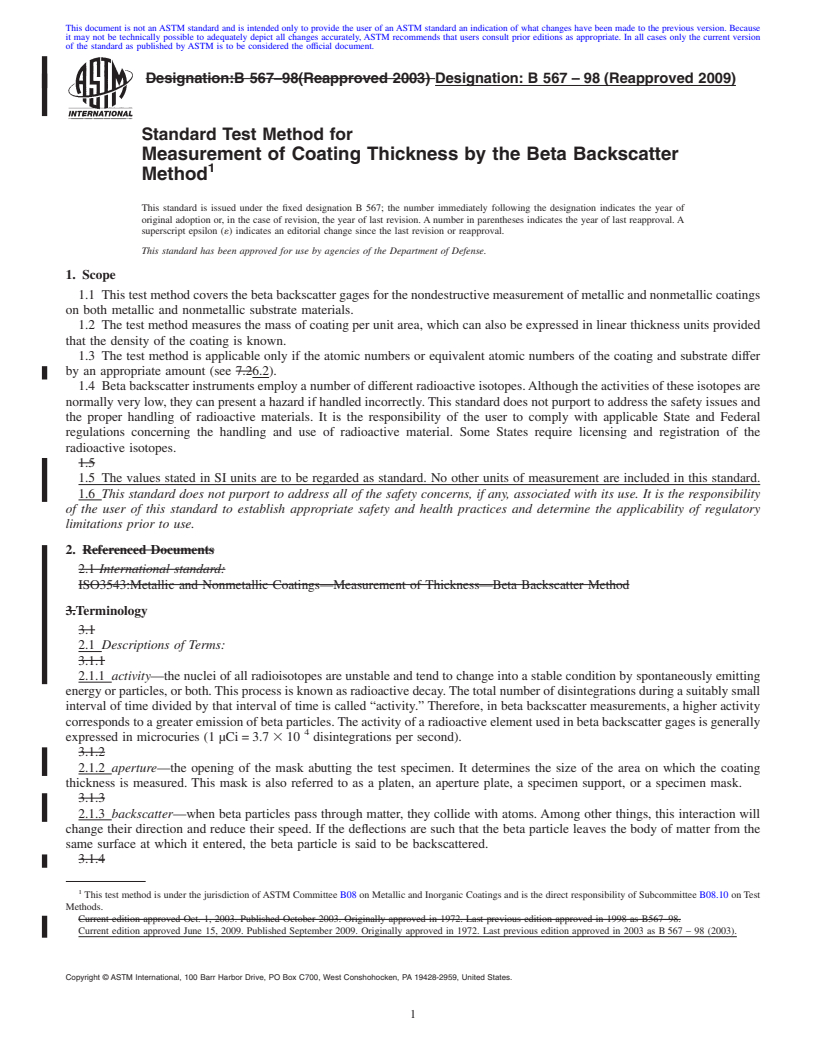REDLINE ASTM B567-98(2009) - Standard Test Method for Measurement of Coating Thickness by the Beta Backscatter Method