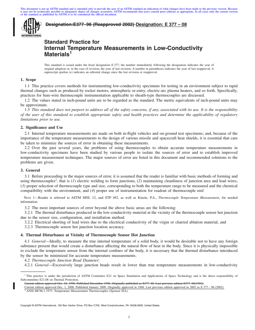 REDLINE ASTM E377-08 - Standard Practice for Internal Temperature Measurements in Low-Conductivity Materials