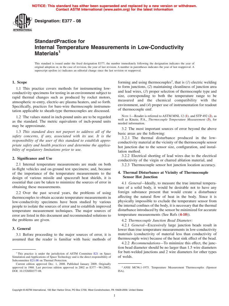 ASTM E377-08 - Standard Practice for Internal Temperature Measurements in Low-Conductivity Materials