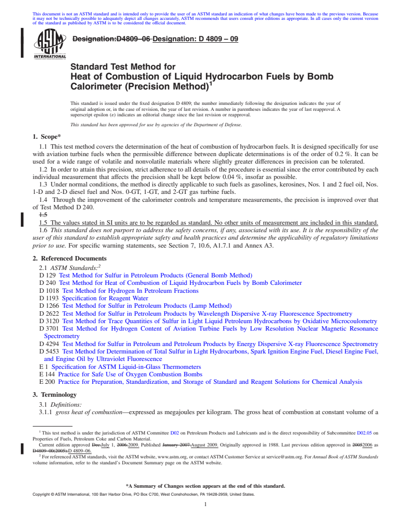 REDLINE ASTM D4809-09 - Standard Test Method for Heat of Combustion of Liquid Hydrocarbon Fuels by Bomb Calorimeter (Precision Method)