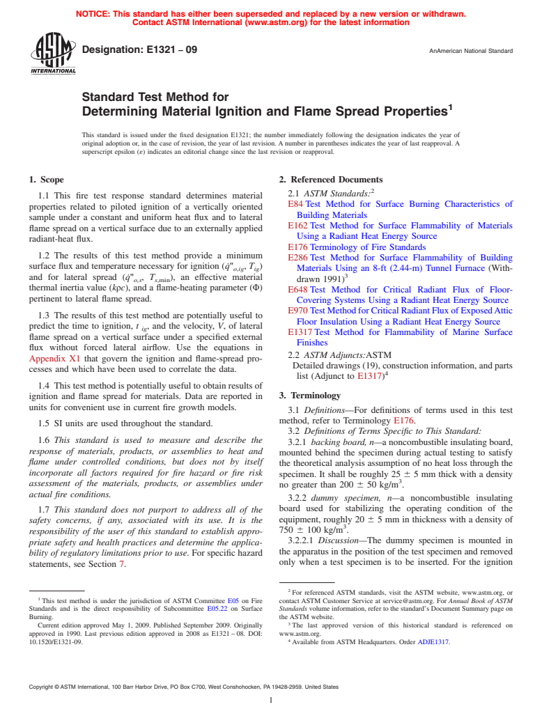 ASTM E1321-09 - Standard Test Method for Determining Material Ignition and Flame Spread Properties