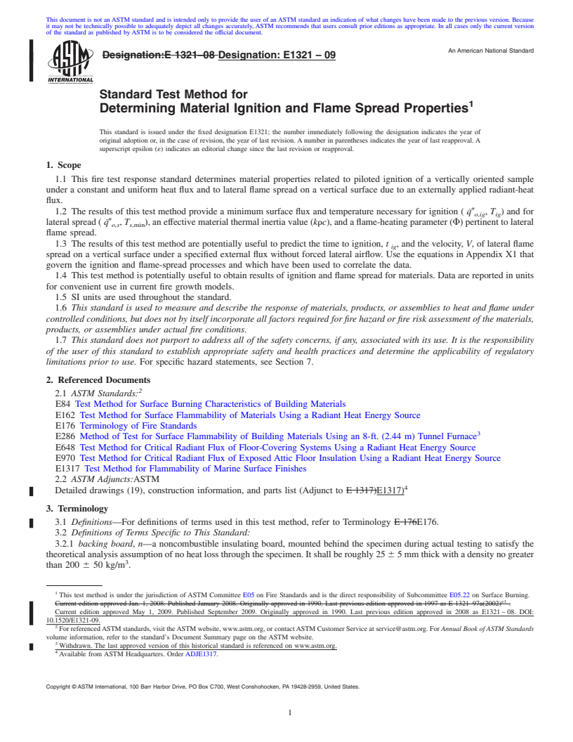 REDLINE ASTM E1321-09 - Standard Test Method for Determining Material Ignition and Flame Spread Properties