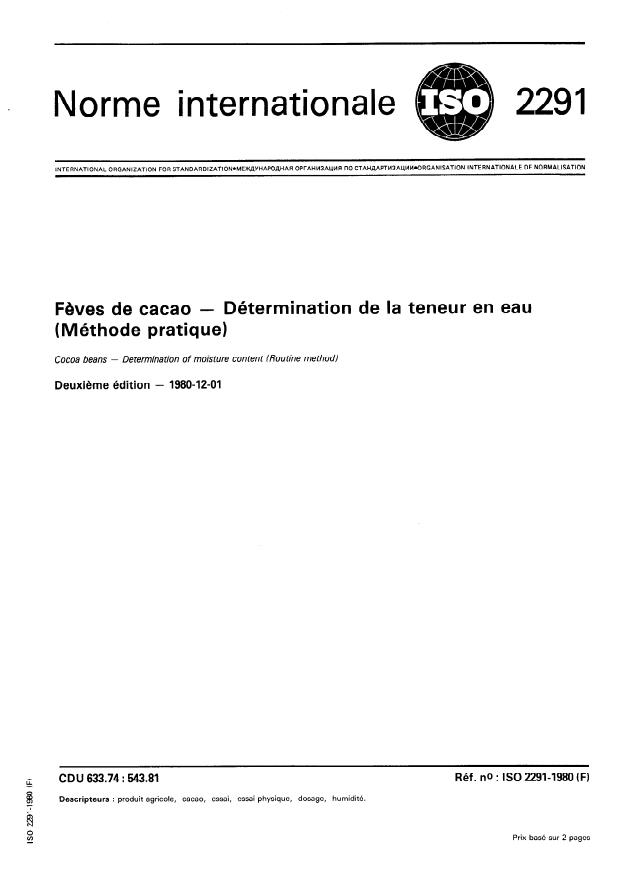 ISO 2291:1980 - Feves de cacao -- Détermination de la teneur en eau (Méthode pratique)