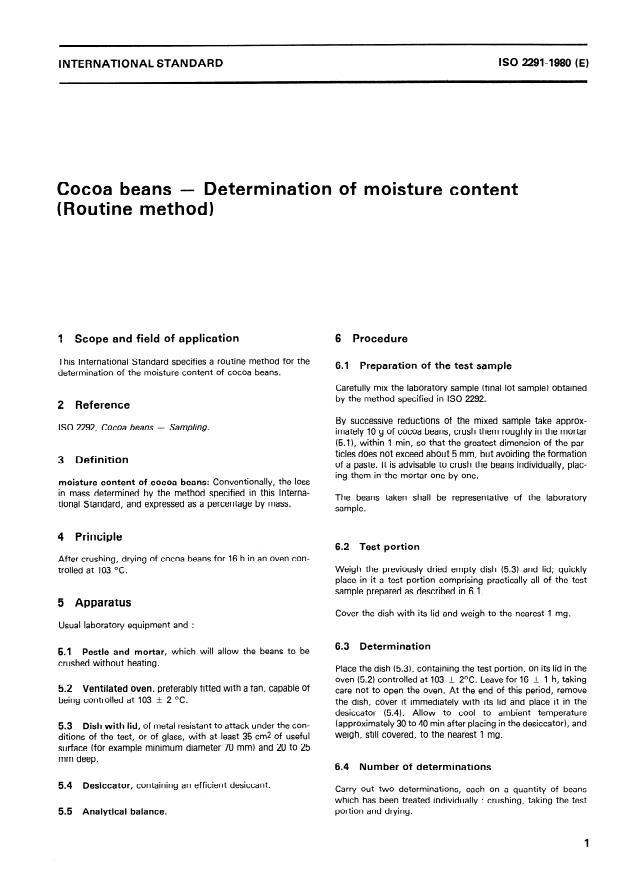 ISO 2291:1980 - Cocoa beans -- Determination of moisture content (Routine method)