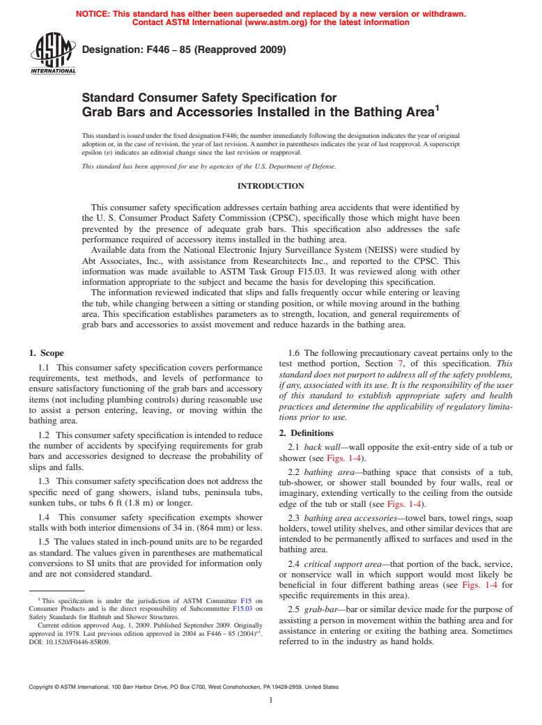 ASTM F446-85(2009) - Standard Consumer Safety Specification for Grab Bars and Accessories Installed in the Bathing Area (Withdrawn 2018)