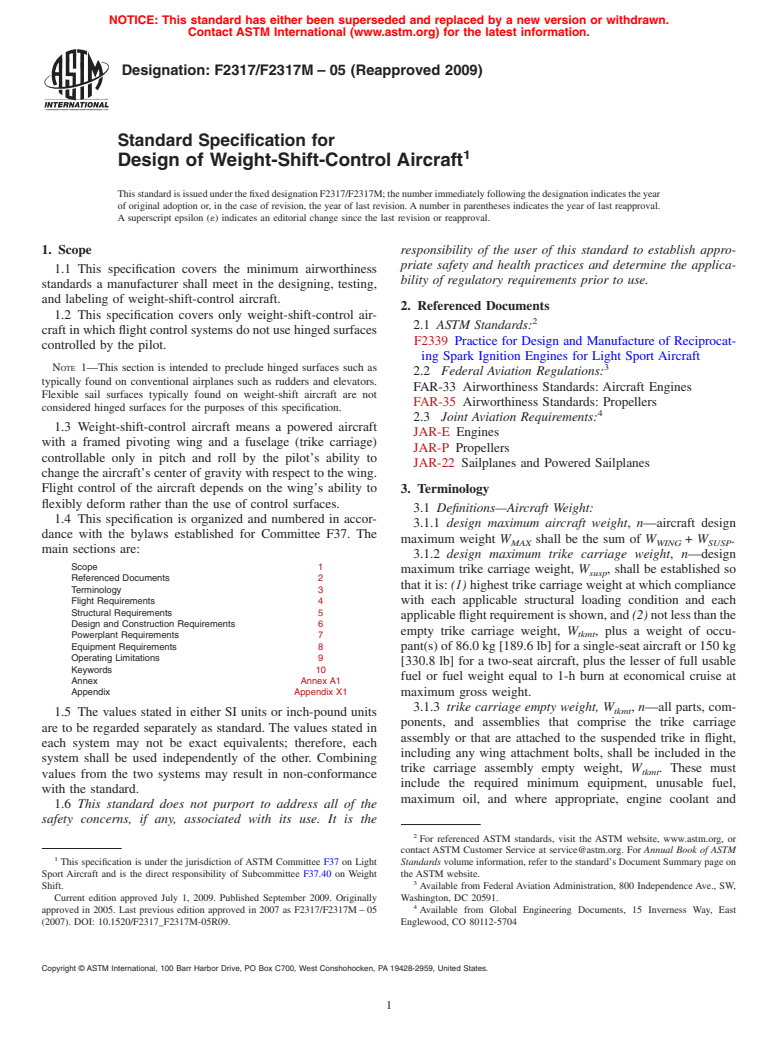 ASTM F2317/F2317M-05(2009) - Standard Specification for Design of Weight-Shift-Control Aircraft