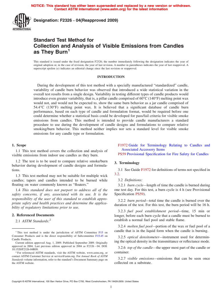 ASTM F2326-04(2009) - Standard Test Method for Collection and Analysis of Visible Emissions from Candles as They Burn