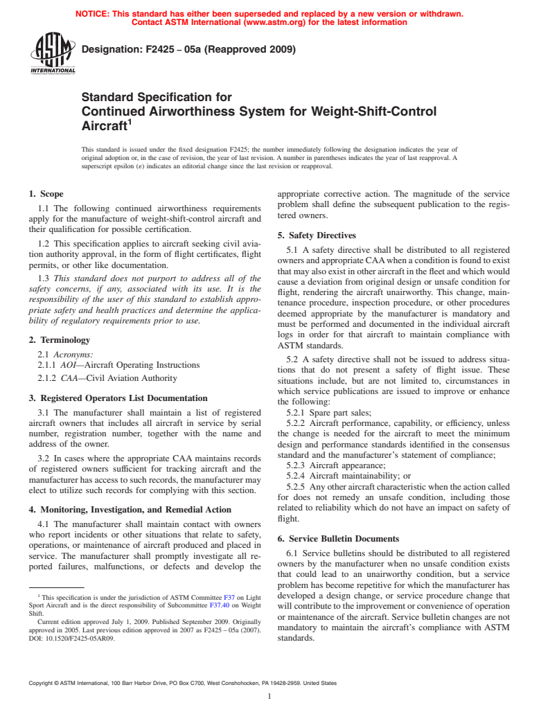 ASTM F2425-05a(2009) - Standard Specification for Continued Airworthiness System for Weight-Shift-Control Aircraft