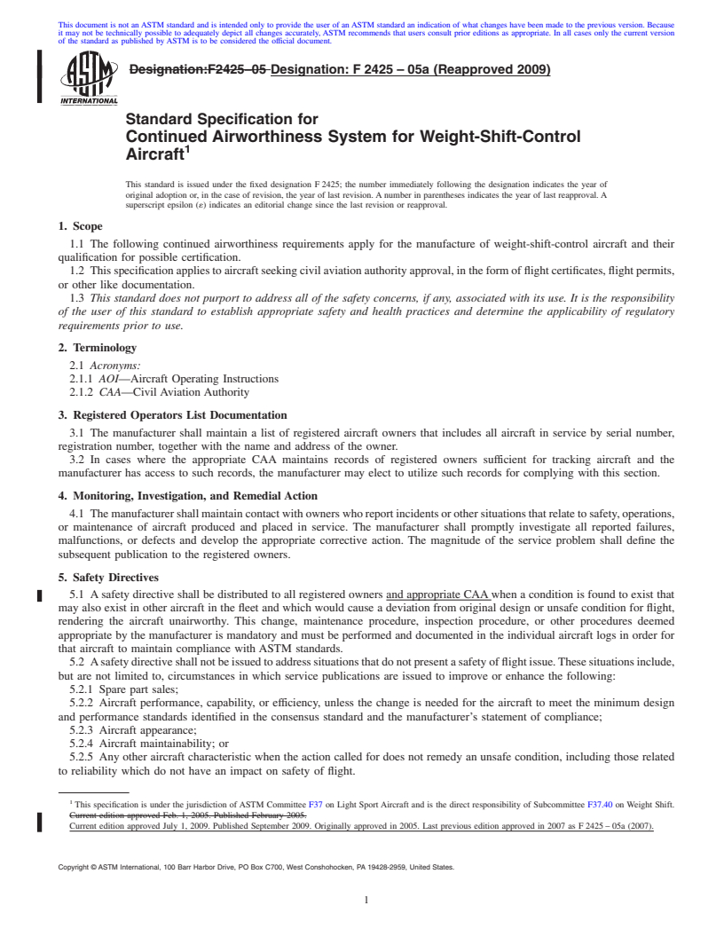 REDLINE ASTM F2425-05a(2009) - Standard Specification for Continued Airworthiness System for Weight-Shift-Control Aircraft