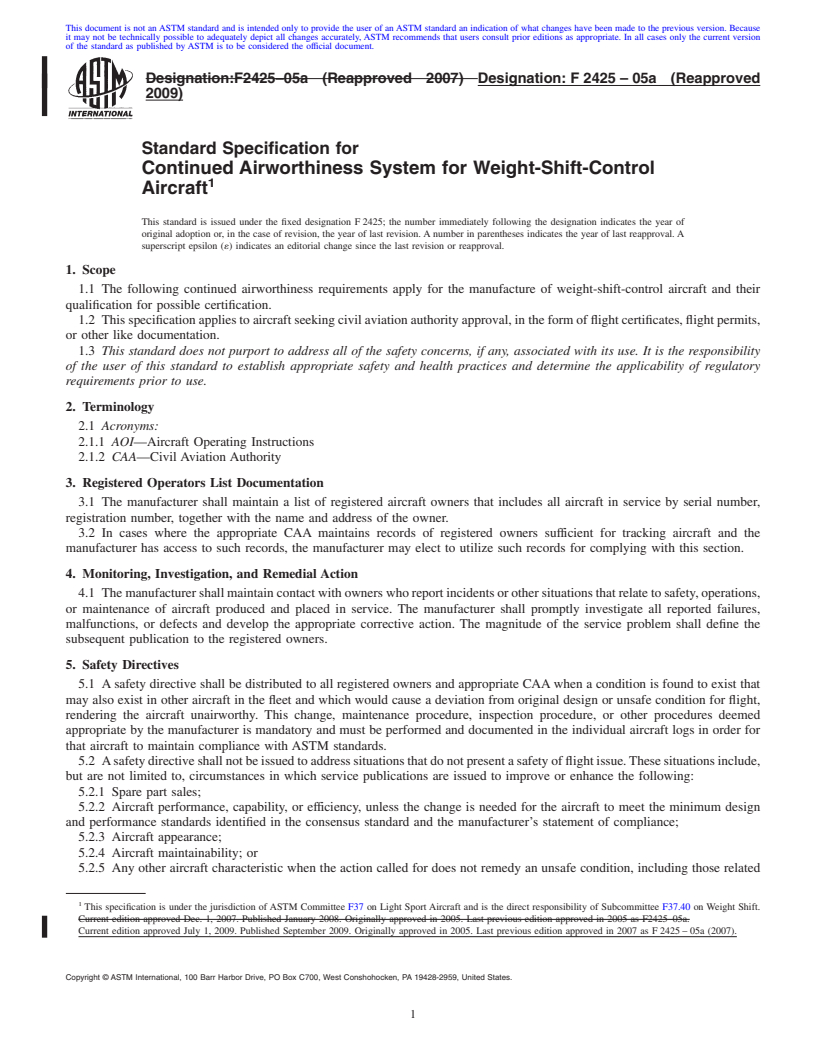 REDLINE ASTM F2425-05a(2009) - Standard Specification for Continued Airworthiness System for Weight-Shift-Control Aircraft