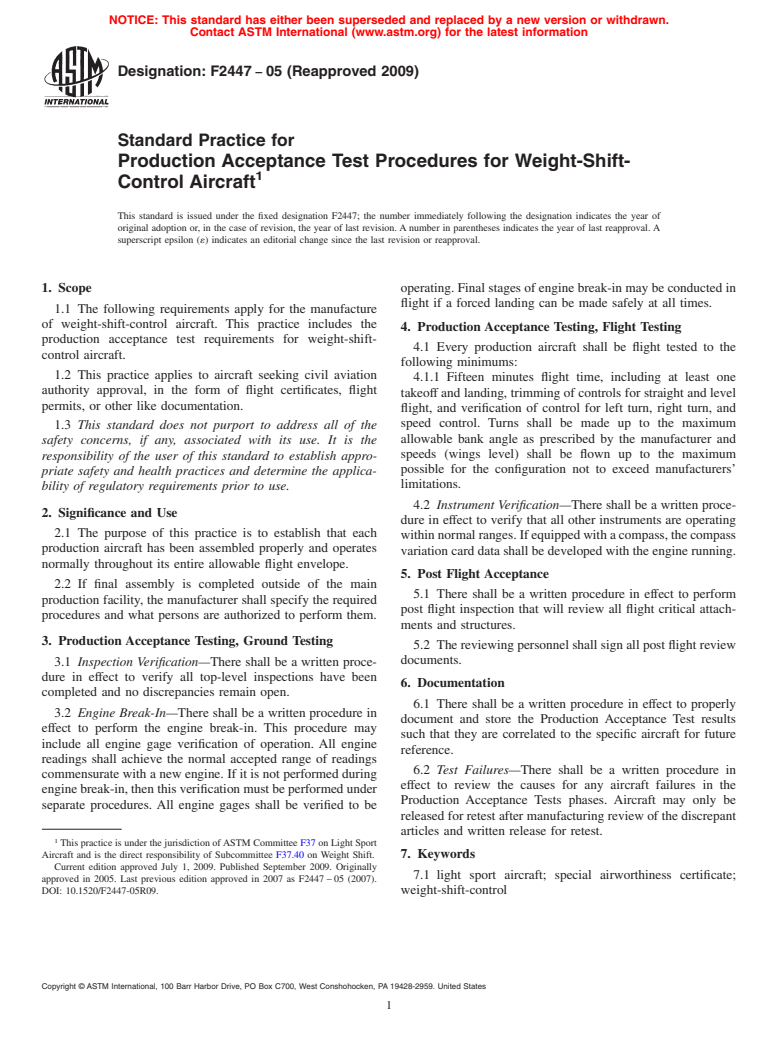 ASTM F2447-05(2009) - Standard Practice for Production Acceptance Test Procedures for Weight-Shift-Control Aircraft