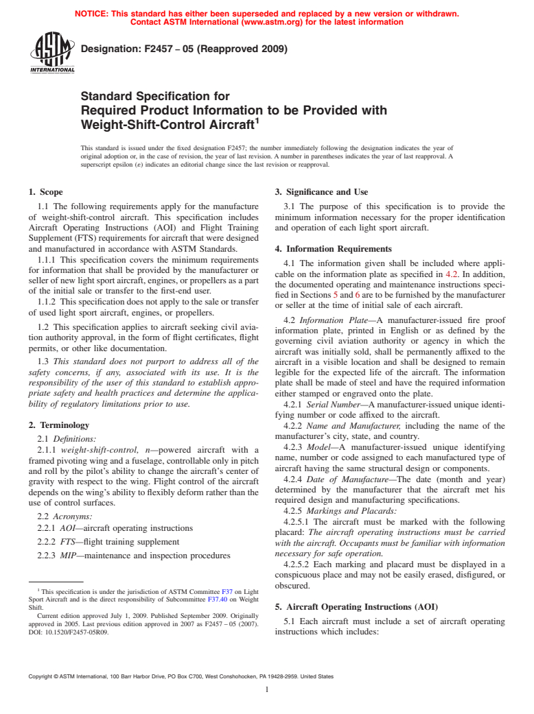 ASTM F2457-05(2009) - Standard Specification for Required Product Information to be Provided with Weight-Shift-Control Aircraft