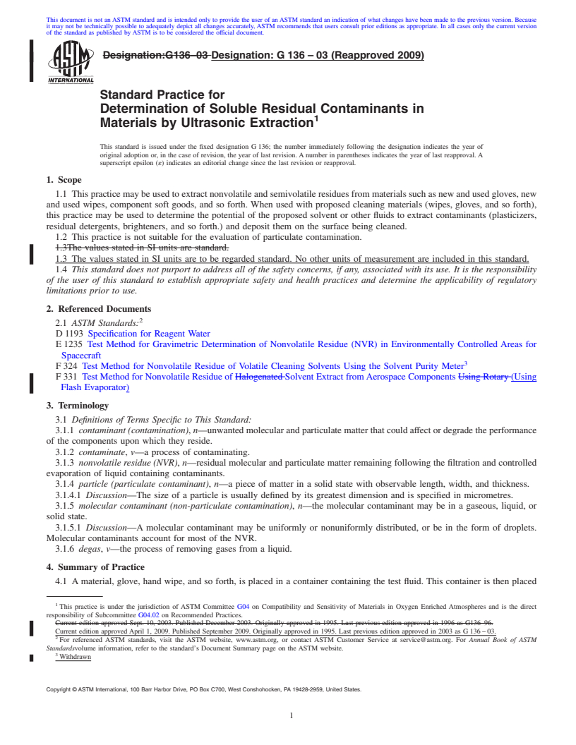 REDLINE ASTM G136-03(2009) - Standard Practice for Determination of Soluble Residual Contaminants in Materials by Ultrasonic Extraction