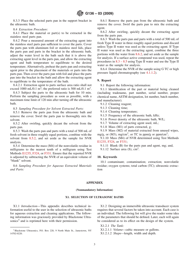 ASTM G136-03(2009) - Standard Practice for Determination of Soluble Residual Contaminants in Materials by Ultrasonic Extraction