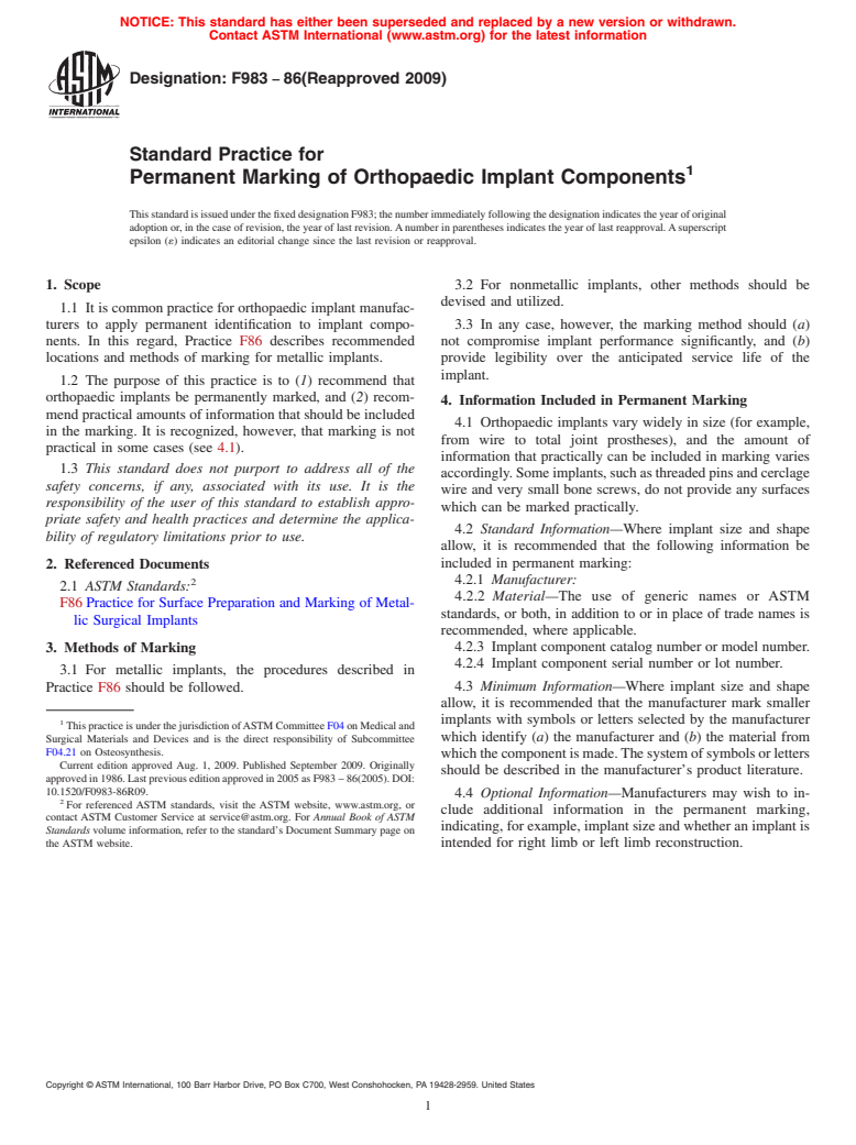 ASTM F983-86(2009) - Standard Practice for Permanent Marking of Orthopaedic Implant Components