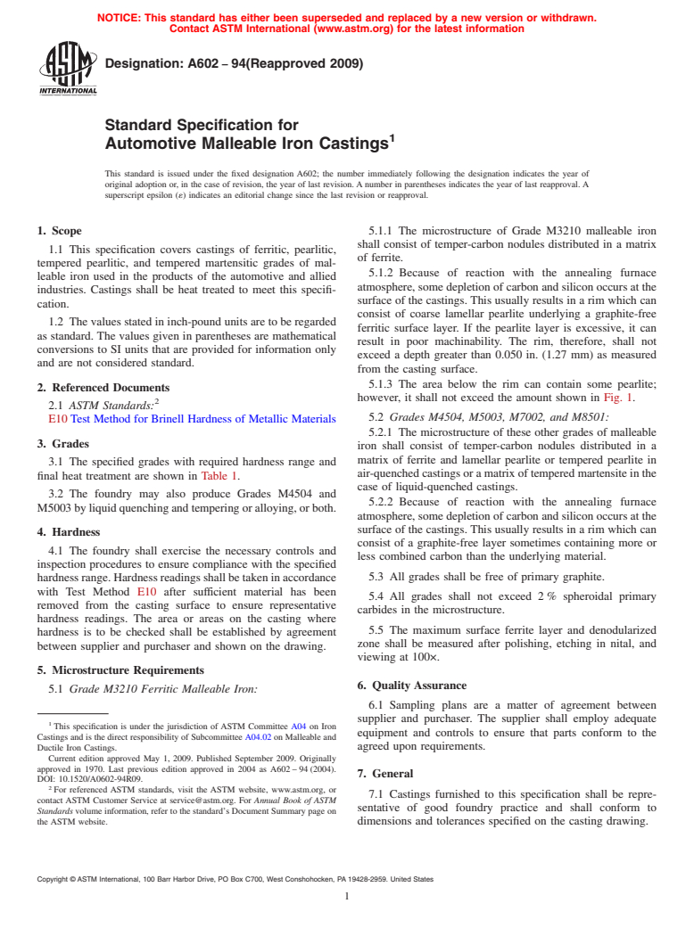 ASTM A602-94(2009) - Standard Specification for Automotive Malleable Iron Castings