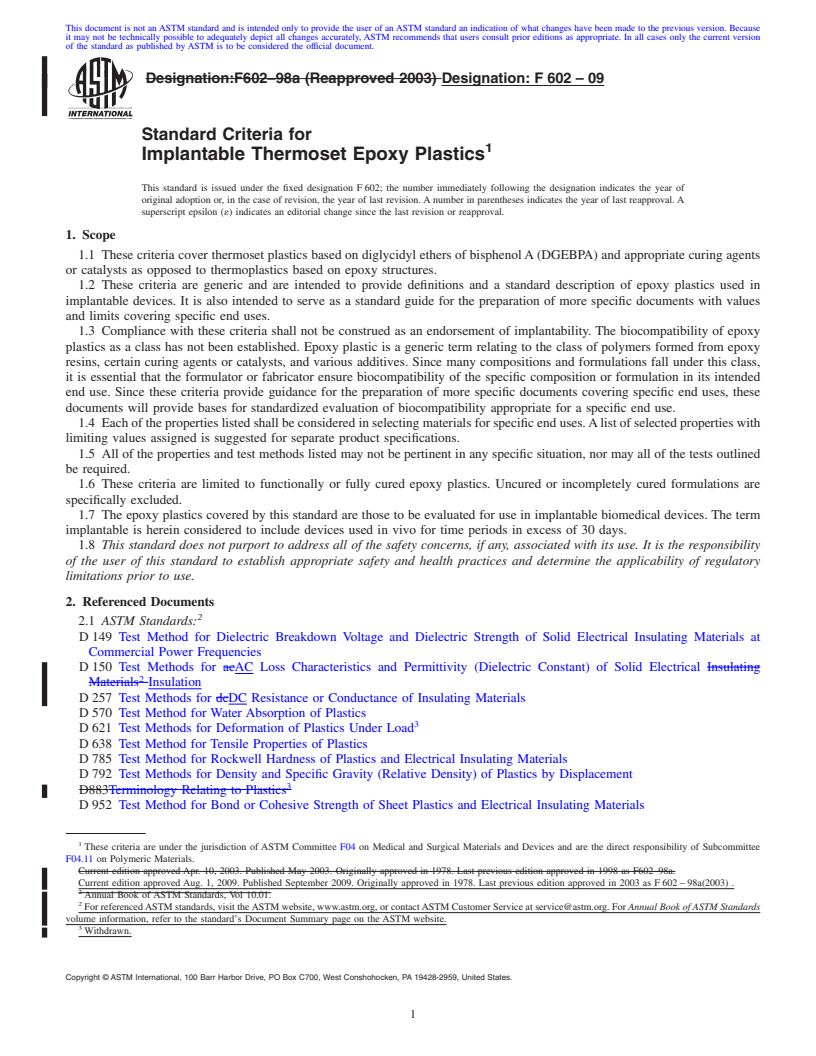 REDLINE ASTM F602-09 - Standard Criteria for Implantable Thermoset Epoxy Plastics