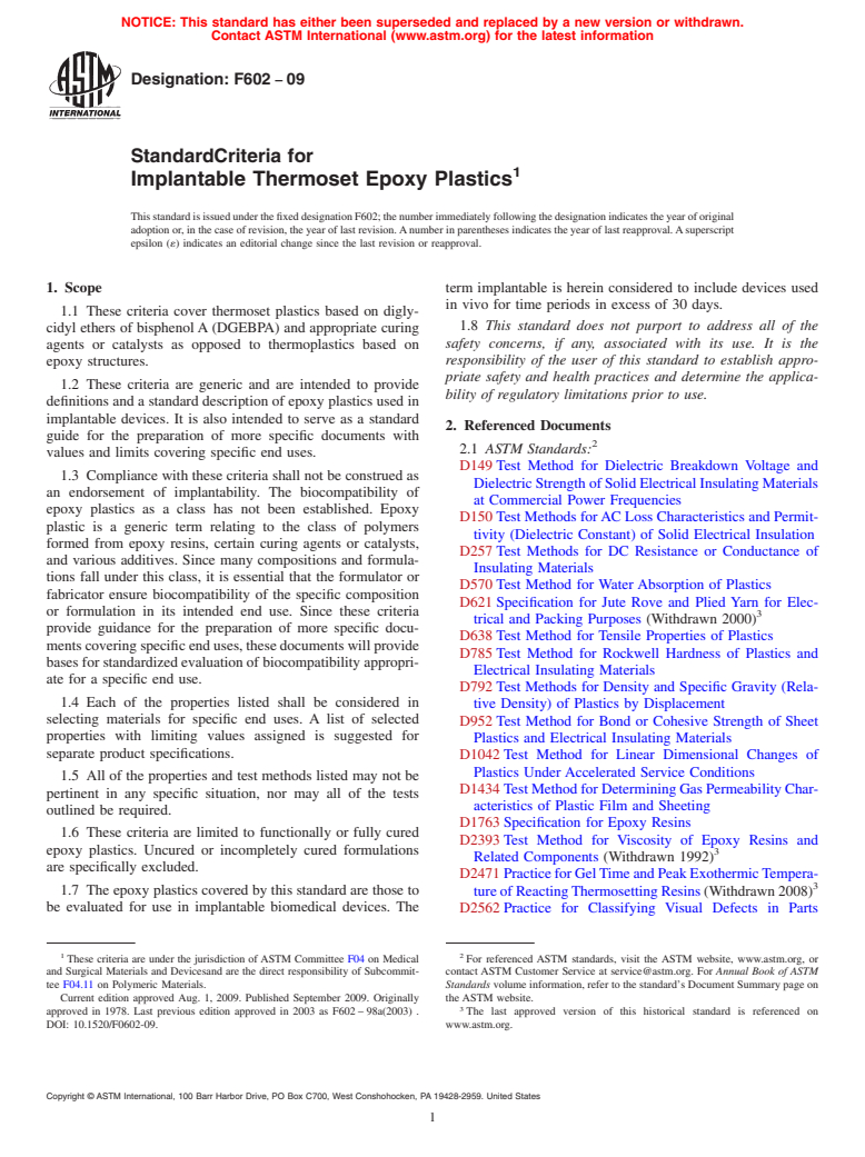 ASTM F602-09 - Standard Criteria for Implantable Thermoset Epoxy Plastics