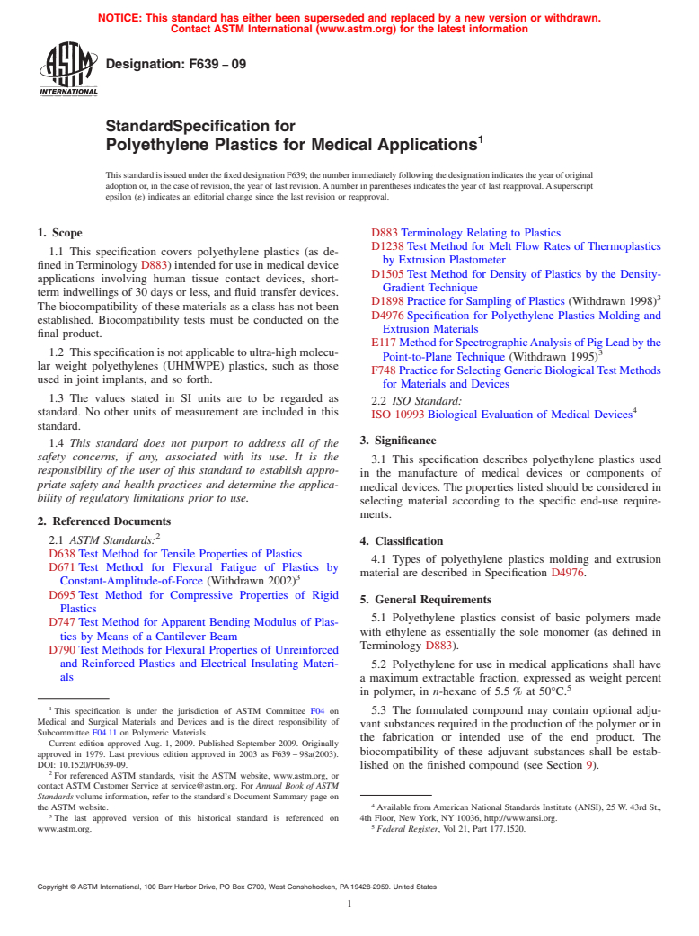 ASTM F639-09 - Standard Specification for Polyethylene Plastics for Medical Applications