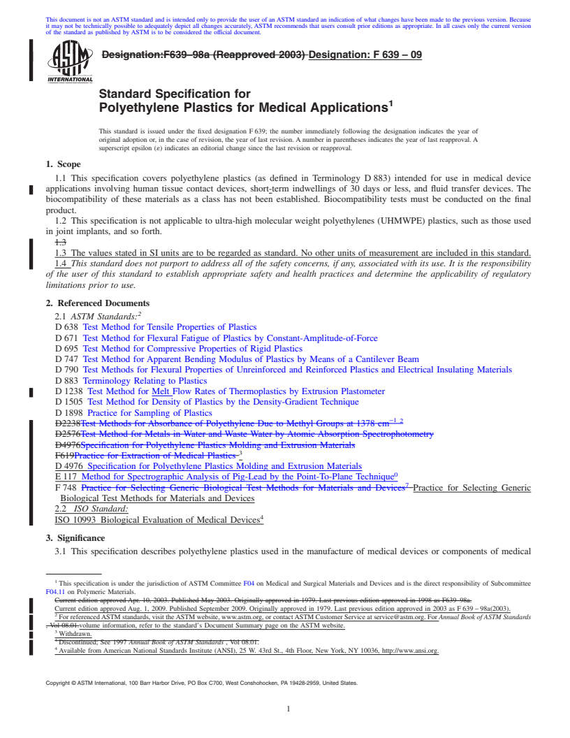 REDLINE ASTM F639-09 - Standard Specification for Polyethylene Plastics for Medical Applications