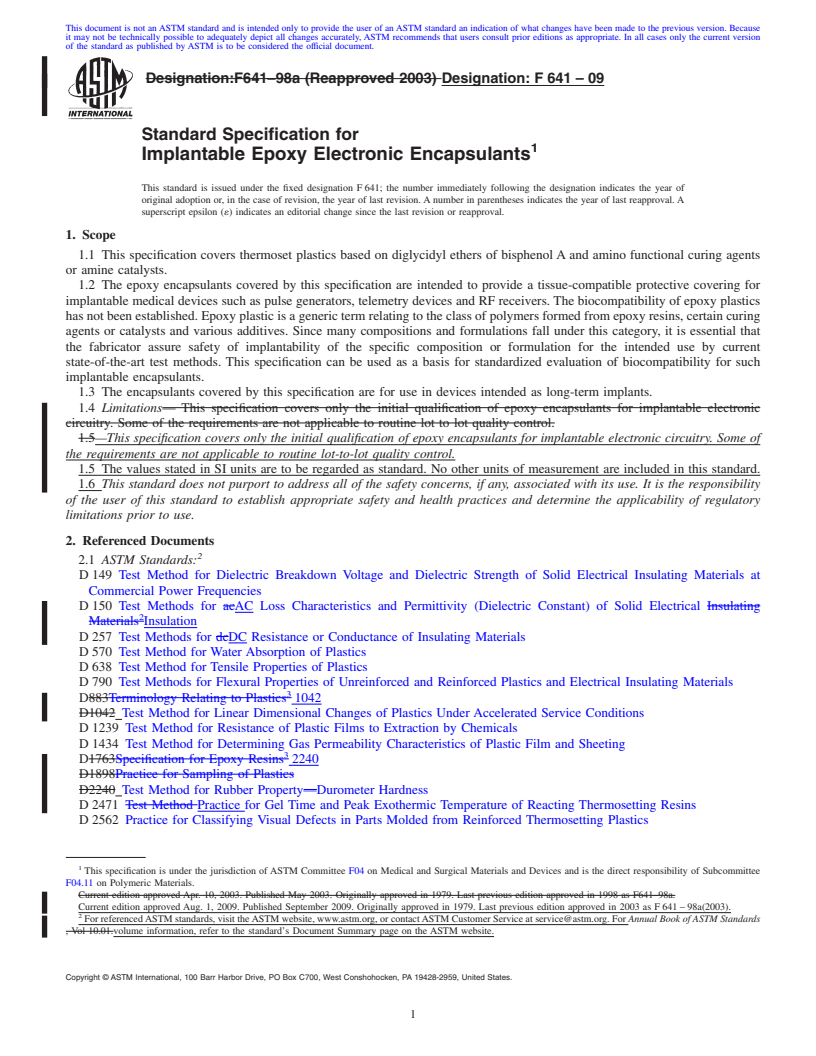 REDLINE ASTM F641-09 - Standard Specification for Implantable Epoxy Electronic Encapsulants