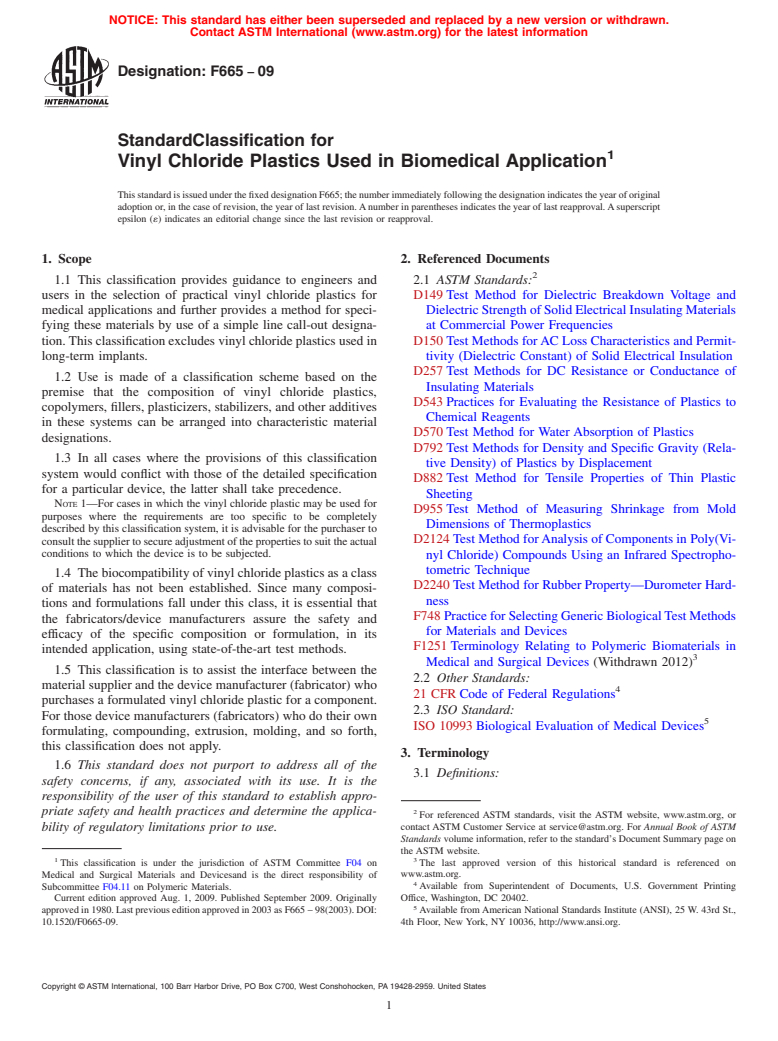 ASTM F665-09 - Standard Classification for Vinyl Chloride Plastics Used in Biomedical Application