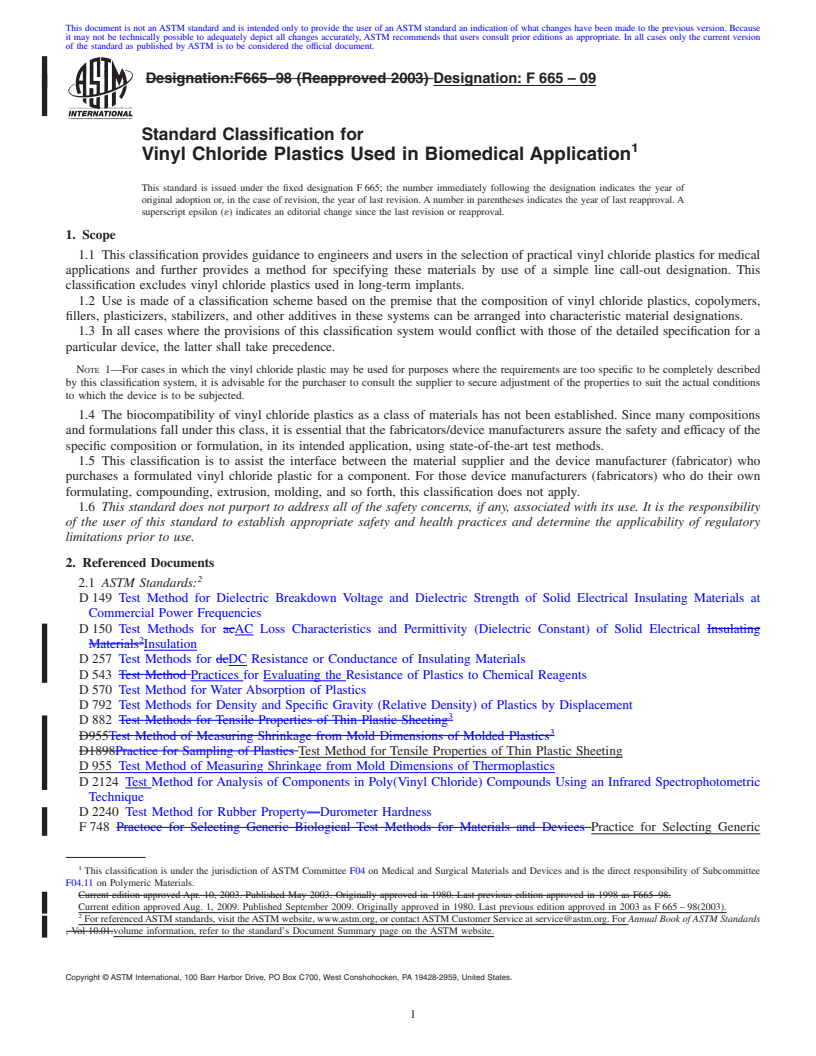 REDLINE ASTM F665-09 - Standard Classification for Vinyl Chloride Plastics Used in Biomedical Application