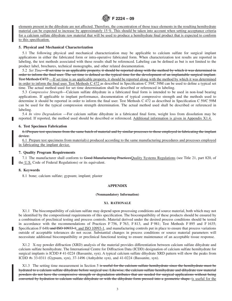 REDLINE ASTM F2224-09 - Standard Specification for High Purity Calcium Sulfate Hemihydrate or Dihydrate for Surgical Implants