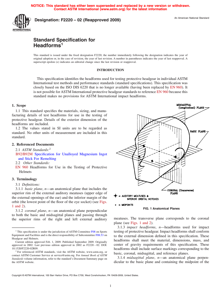 ASTM F2220-02(2009) - Standard Specification for Headforms