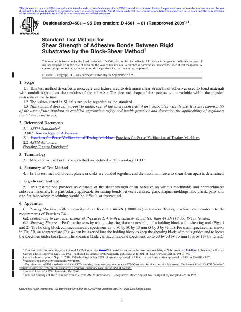 REDLINE ASTM D4501-01(2009)e1 - Standard Test Method for Shear Strength of Adhesive Bonds Between Rigid Substrates by the Block-Shear Method