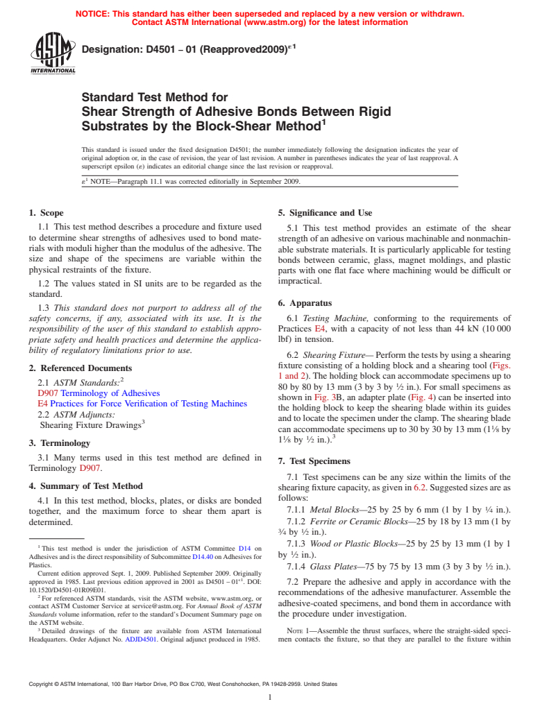 ASTM D4501-01(2009)e1 - Standard Test Method for Shear Strength of Adhesive Bonds Between Rigid Substrates by the Block-Shear Method