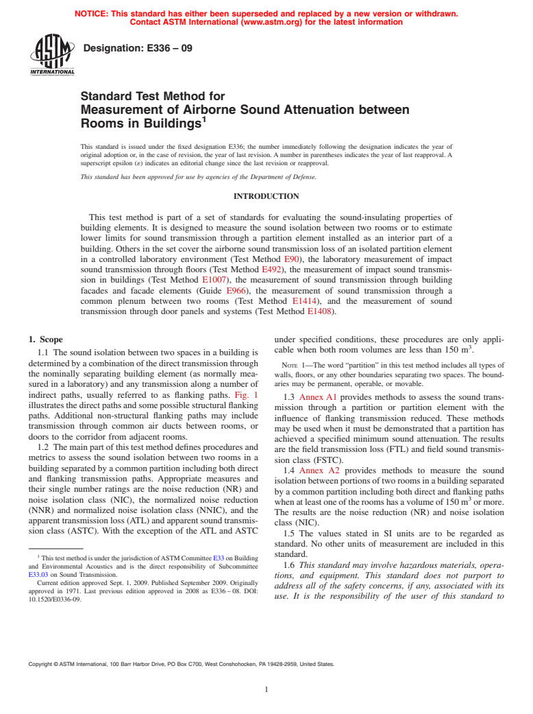 ASTM E336-09 - Standard Test Method for Measurement of Airborne Sound Attenuation between Rooms in Buildings
