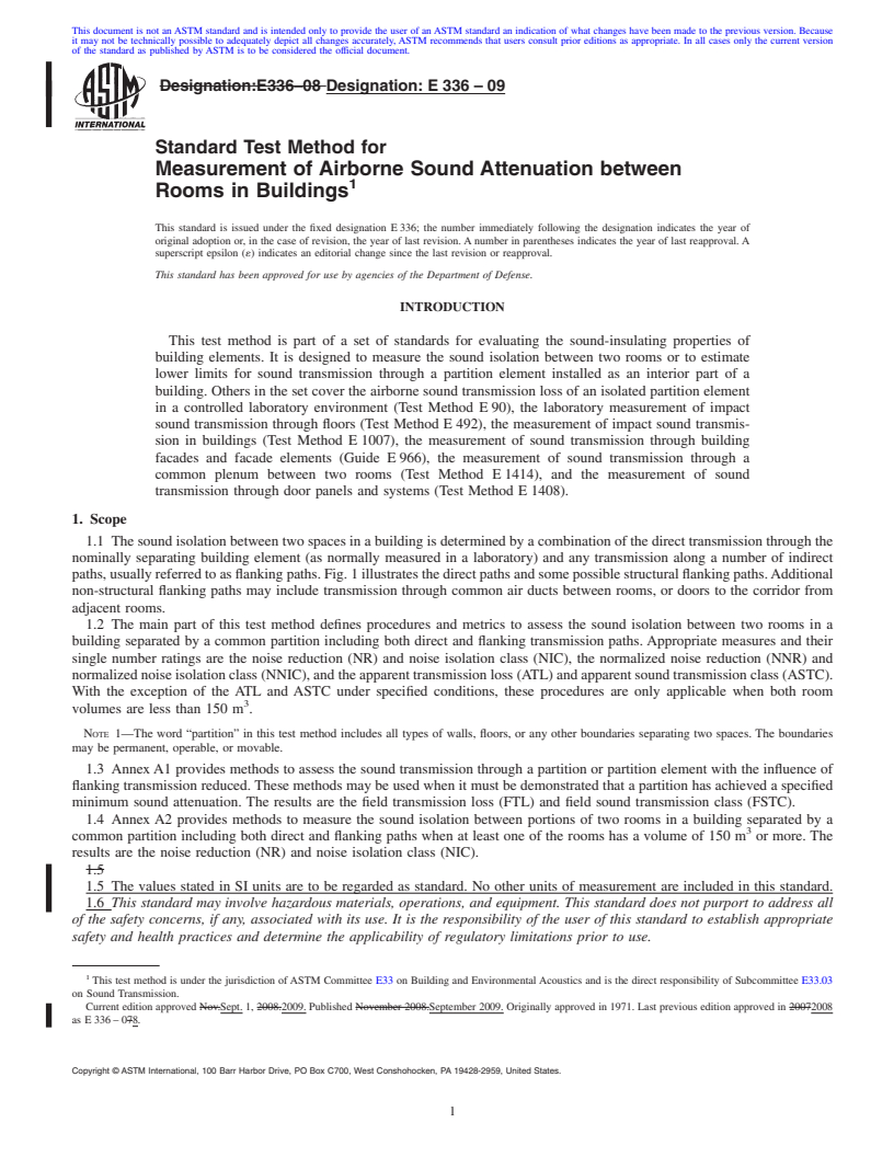 REDLINE ASTM E336-09 - Standard Test Method for Measurement of Airborne Sound Attenuation between Rooms in Buildings