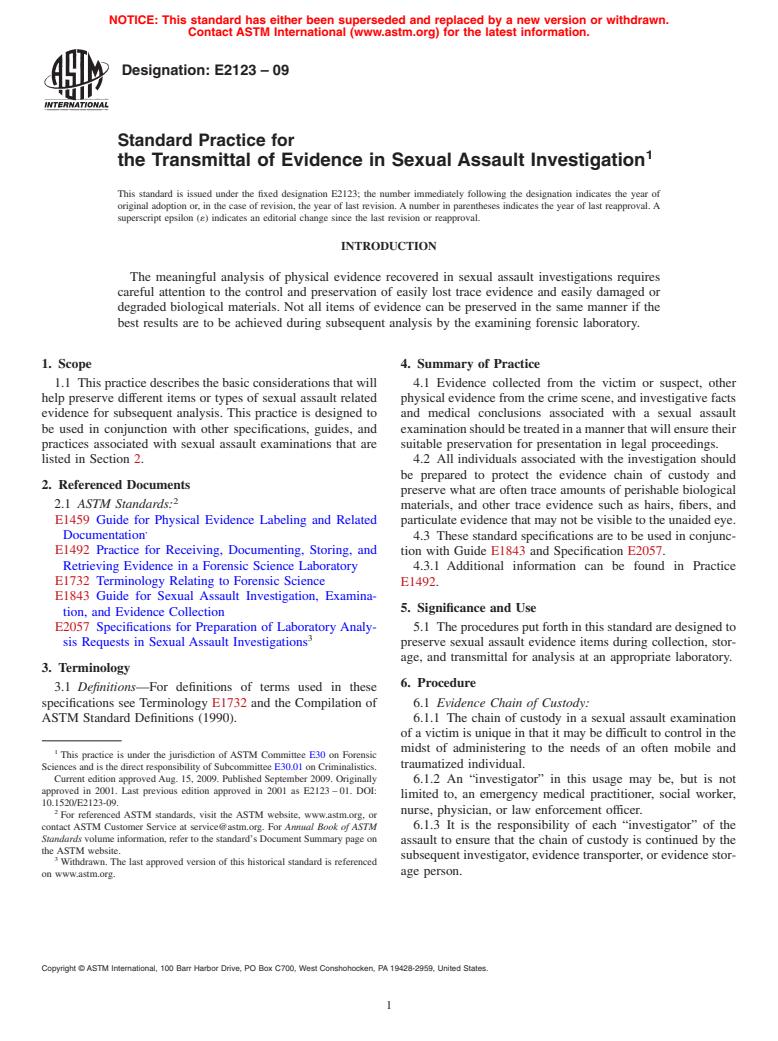 ASTM E2123-09 - Standard Practice for the Transmittal of Evidence in Sexual Assault Investigation