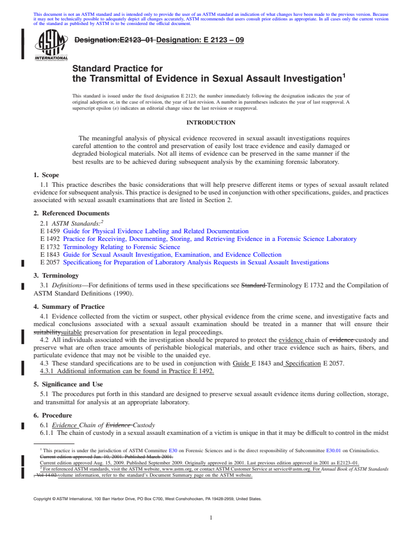 REDLINE ASTM E2123-09 - Standard Practice for the Transmittal of Evidence in Sexual Assault Investigation