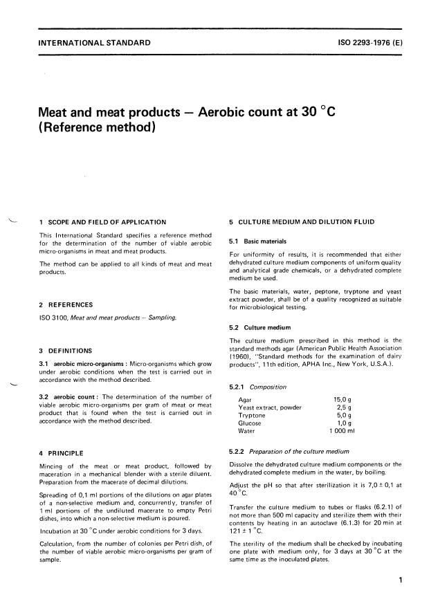 ISO 2293:1976 - Meat and meat products -- Aerobic count at 30 degrees C (Reference method)