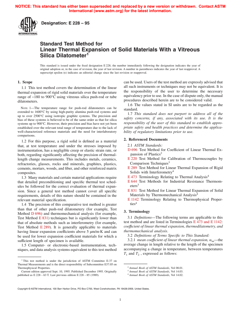 ASTM E228-95 - Standard Test Method for Linear Thermal Expansion of Solid Materials With a Vitreous Silica Dilatometer (Withdrawn 2005)