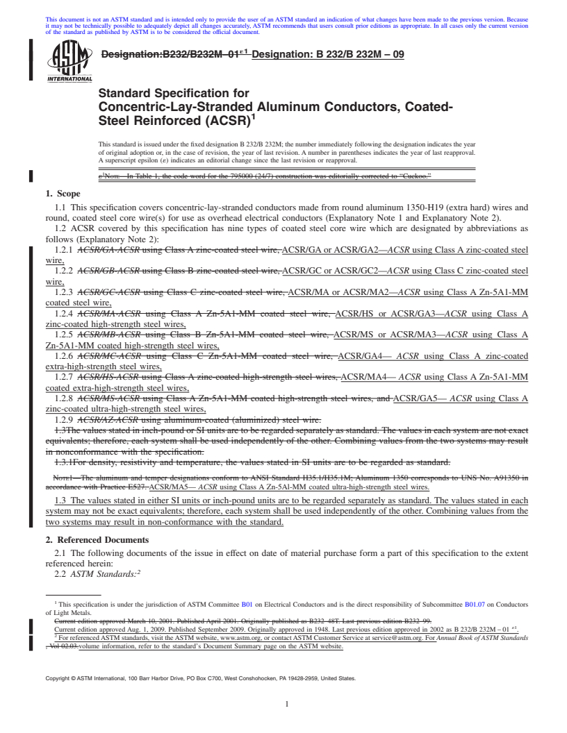 REDLINE ASTM B232/B232M-09 - Standard Specification for Concentric-Lay-Stranded Aluminum Conductors, Coated-Steel Reinforced (ACSR)