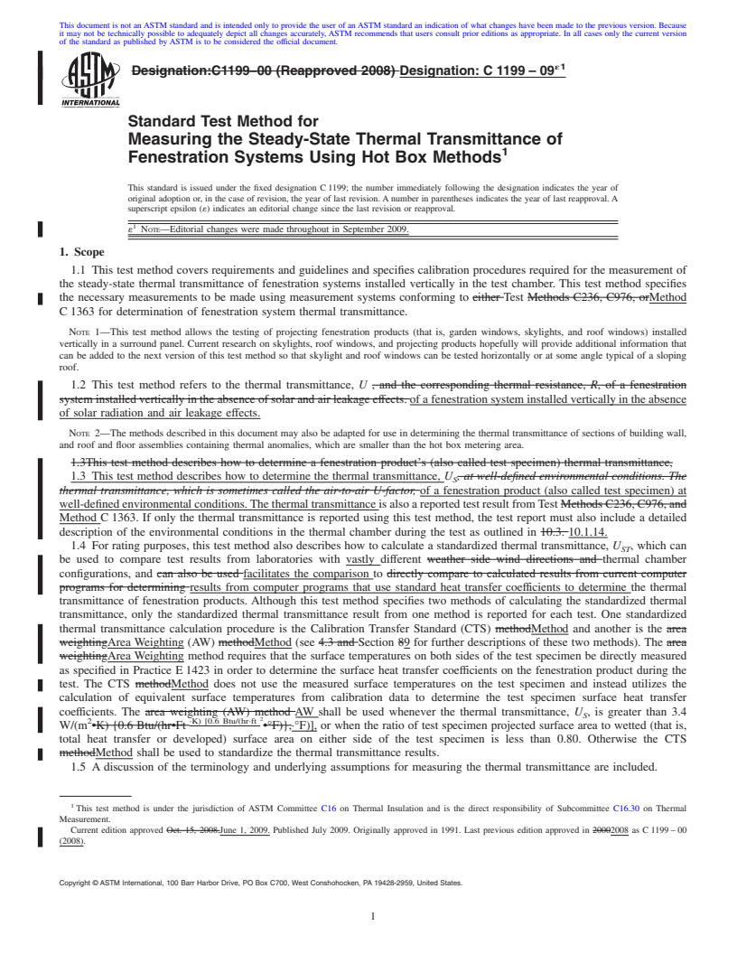 REDLINE ASTM C1199-09e1 - Standard Test Method for Measuring the Steady-State Thermal Transmittance of Fenestration Systems Using Hot Box Methods