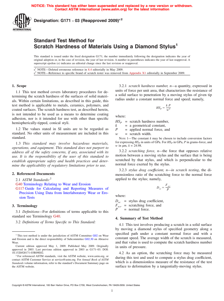 ASTM G171-03(2009)e2 - Standard Test Method for Scratch Hardness of Materials Using a Diamond Stylus