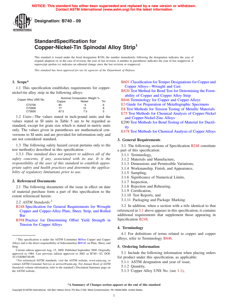 ASTM B740-09 - Standard Specification for Copper-Nickel-Tin Spinodal Alloy Strip