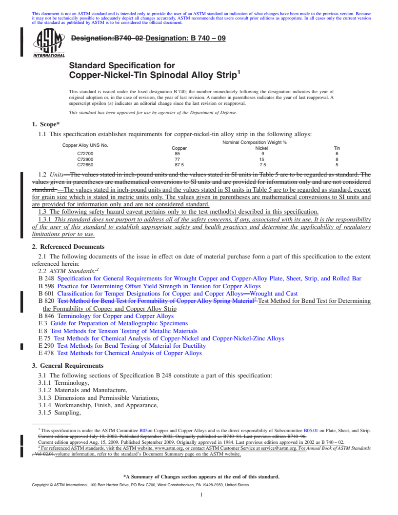 REDLINE ASTM B740-09 - Standard Specification for Copper-Nickel-Tin Spinodal Alloy Strip