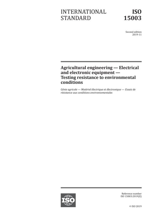 ISO 15003:2019 - Agricultural engineering -- Electrical and electronic equipment -- Testing resistance to environmental conditions