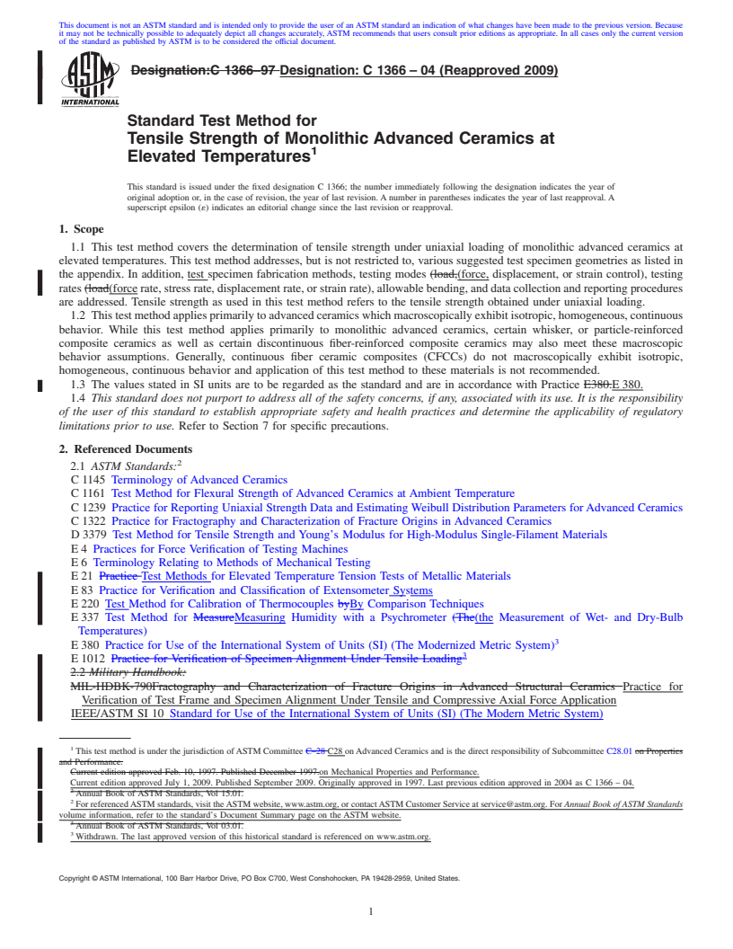 REDLINE ASTM C1366-04(2009) - Standard Test Method for Tensile Strength of Monolithic Advanced Ceramics at Elevated Temperatures